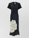 Victoria Beckham V Neck Midi Dress Ruched Floral In Blue