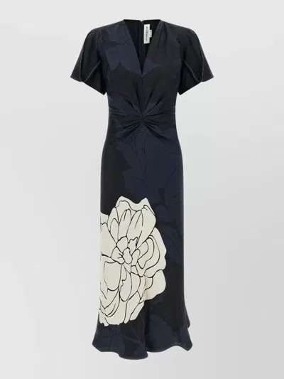 Victoria Beckham V Neck Midi Dress Ruched Floral In Blue