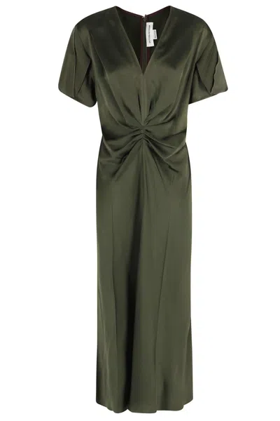 Victoria Beckham V-neck Midi Dress With Gathered Front In Gray