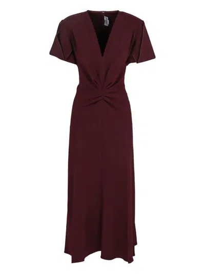 Victoria Beckham Bella Gathered Waist V-neck Wool Blend Midi Dress In Burgundy