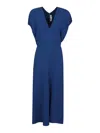 Victoria Beckham Deep V-neck Midi Dress With Draped Sleeves In Blue