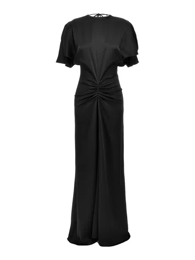Victoria Beckham Navy Blue Long Dress With Gathered Waist In White