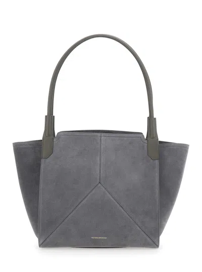Victoria Beckham Victoria Small Grey Tote Bag With Embossed Logo Lettering On The Front In Suede Woman In Gray