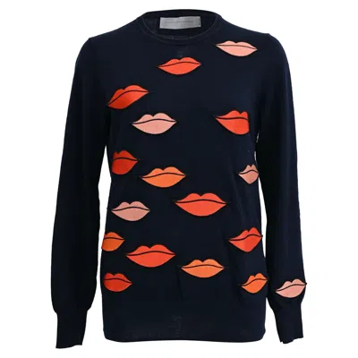 Victoria Beckham Victoria  Lips Print Sweater In Navy Blue Wool