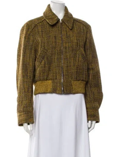 Pre-owned Victoria Beckham Virgin Wool Tweed Pattern Faux Fur Jacket In Yellow