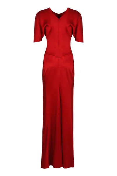 Victoria Beckham Long Waist Ruched Sleeve V-neck Dress In Red