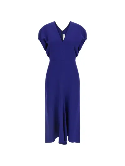 Victoria Beckham V-neck Banded Waist Dress In Blue