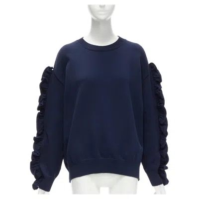Pre-owned Victoria Beckham Vvb Navy Blue Ruffle Sleeve Pullover Crew Sweatshirt Uk12 L