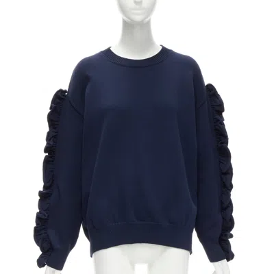 Pre-owned Victoria Beckham Vvb Navy Blue Ruffle Sleeve Pullover Crew Sweatshirt Uk12 L