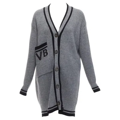Pre-owned Victoria Beckham Vvb  2017 Runway Grey Wool Logo Oversized Cardigan Uk2 Xxs In Gray