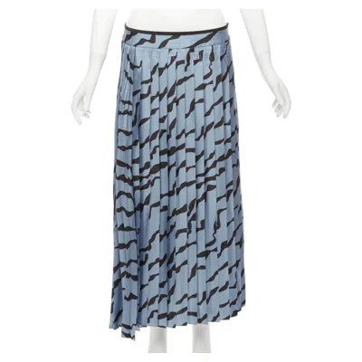 Pre-owned Victoria Beckham Vvb  Blue Black Diagonal Print Pleated Bias Hem Skirt Uk8 S