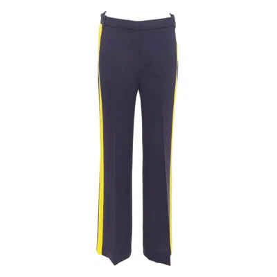 Pre-owned Victoria Beckham Vvb  Navy Yellow Silk Trimmed High Waist Wide Trousers Uk8 S