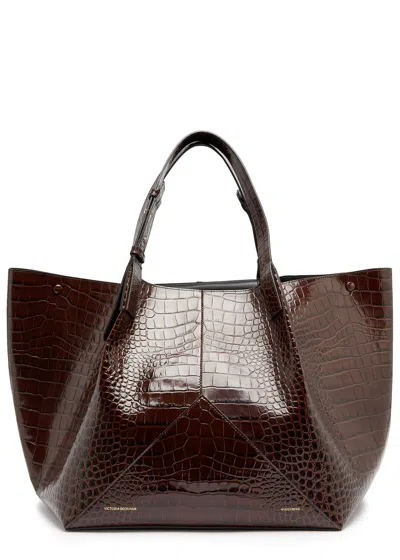 Victoria Beckham W11 Crocodile-effect Leather Tote In Dark Brown