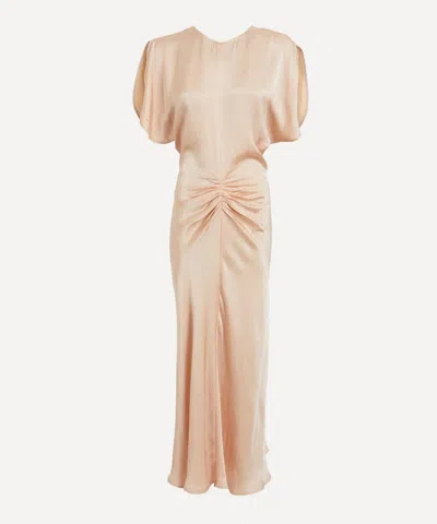 VICTORIA BECKHAM VICTORIA BECKHAM WOMEN'S BLUSH-APRICOT GATHERED WAIST MIDI DRESS