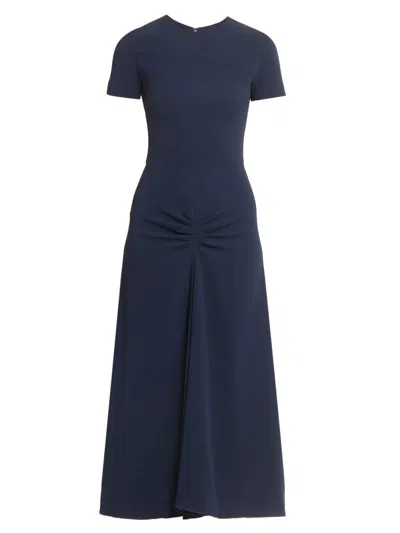 Victoria Beckham Gathered Waist Crepe Midi Dress In Blue
