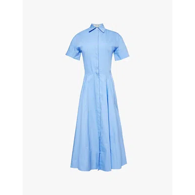 Victoria Beckham Womens Oxford Blue Short-sleeved Flared-skirt Organic-cotton Poplin Midi Dress