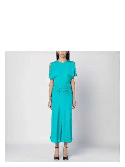 VICTORIA BECKHAM WOMEN'S PEACOCK-COLOURED MIDI DRESS WITH RUFFLE