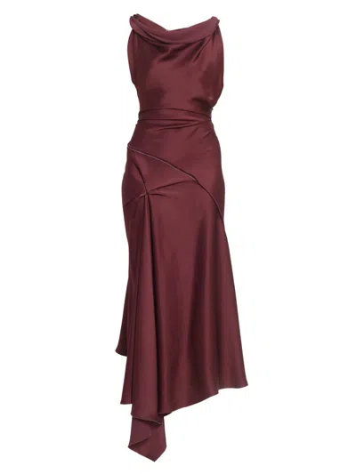 Victoria Beckham Asymmetric Draped Sleeveless Satin Midi Dress In Burgundy