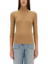 Victoria Beckham Zip Neck Ribbed Knitwear With 3/4 Sleeves In Cream