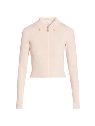 Victoria Beckham Mila Ribbed-knit Zip-up Top In Neutral