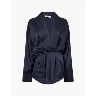 Victoria Beckham Womens Alba Tie-belt Crepe-back Satin Blouse Midnight In Blue