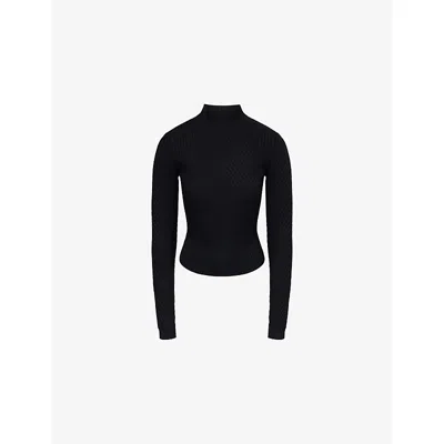 Victoria Beckham Georgia Mock Neck Ribbed Long Sleeve Top In Black