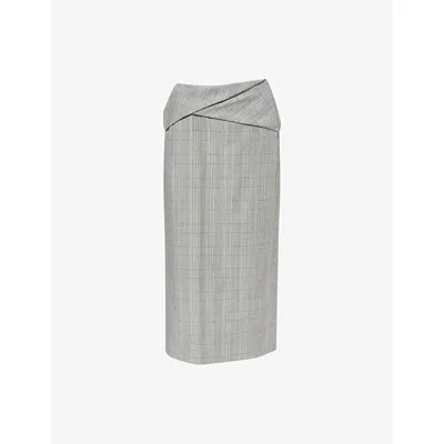 Victoria Beckham Womens  Wrap-waist Checked Wool Midi Skirt In Gray