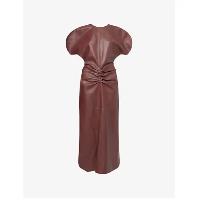 Victoria Beckham Womens Burgundy Gathered-waist Leather Midi Dress