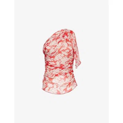 VICTORIA BECKHAM WOMENS CHILLI BLUSH ASYMMETRIC DRAPED FLORAL SILK TOP