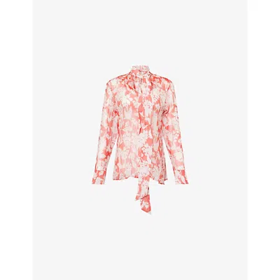 Victoria Beckham Womens Chilli Blush Floral-print Pleated Silk Blouse