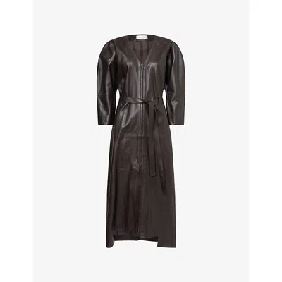 Victoria Beckham Womens Dark Earth Dolman Belted Leather Midi Dress In Brown