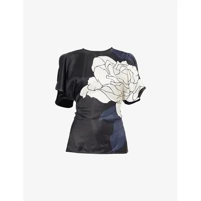 Victoria Beckham Womens Dark Navy Pale Rose Draped Short-sleeve Woven Top