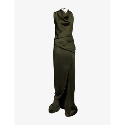 Victoria Beckham Womens Dark Olive Rouleaux Draped Satin Maxi Dress In Green