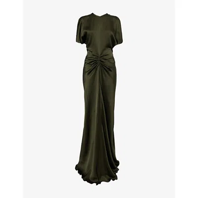 Victoria Beckham Womens Dark Olive Split-short-sleeve Regular-fit Woven Midi Dress In Green