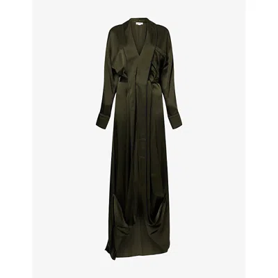 Victoria Beckham Womens Dark Olive Wrap Shawl-collar Woven Gown In Green