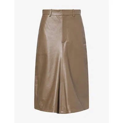 Victoria Beckham Womens Kick-detail Leather Midi Skirt Tree Bark In Brown