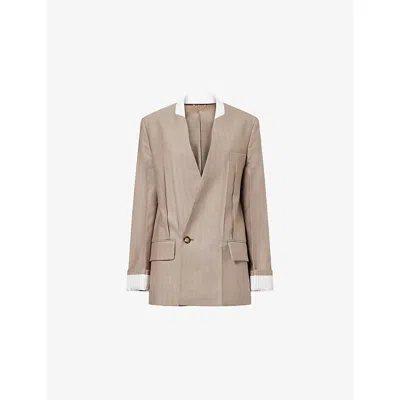 Victoria Beckham Womens Limestone Collarless Double-breasted Jacket In Brown