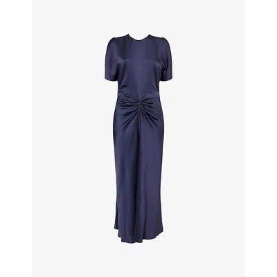 Victoria Beckham Womens Midnight Bela Draped-sleeves Woven Midi Dress In Blue