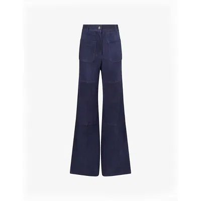 Victoria Beckham Womens Navy Alina Flared-leg Suede Trousers In Blue