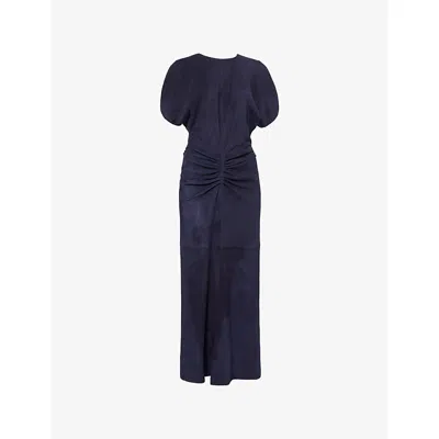 Victoria Beckham Womens Navy Gathered-waist Velvet Midi Dress In Blue