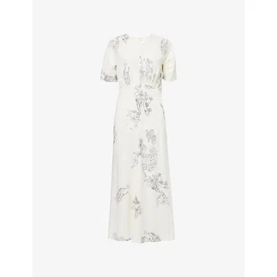 Victoria Beckham Womens Off White Black Gathered Floral-print Woven Midi Dress In Multi