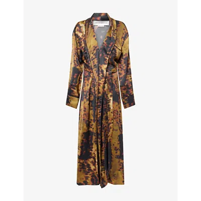 Victoria Beckham Womens Olive Brown Wrap Shawl-collar Woven Midi Dress