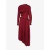 VICTORIA BECKHAM WOMENS PADDED-TUBE ASYMMETRIC-HEM SATIN MIDI DRESS OXBLOOD