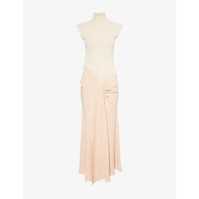 Victoria Beckham Womens Pale Peach Roll-neck Contrast-panel Cotton-blend Midi Dress