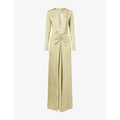 Victoria Beckham Womens Crystal-embellished V-neck Stretch-woven Maxi Dress Pistachio In Neutral