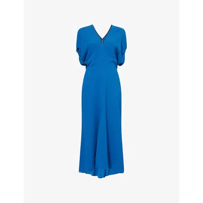 VICTORIA BECKHAM WOMENS SAPPHIRE BLUE V-NECK ASYMMETRIC-HEM STRETCH-WOVEN MIDI DRESS