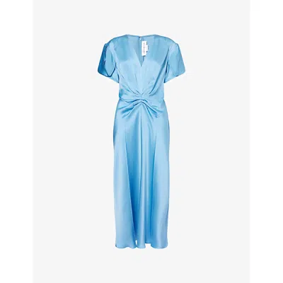 Victoria Beckham Womens Draped Pleat V-neck Satin Midi Dress Sky Blue