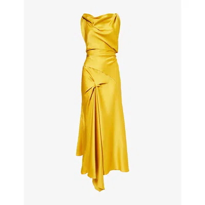 Victoria Beckham Womens Sunset Yellow Posy Twisted-shoulder Satin Midi Dress
