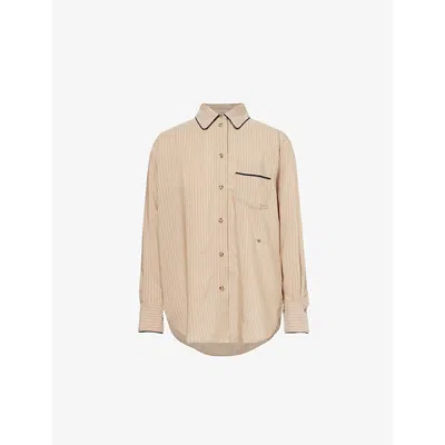 Victoria Beckham Womens  Stripe Contrast-piping Woven Pyjama Shirt In Tobacco Midnight