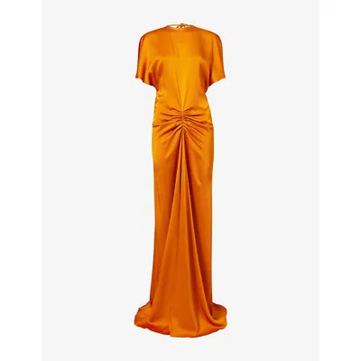 Victoria Beckham Womens Sunset Orange Draped Short-sleeve Satin Maxi Dress In Yellow